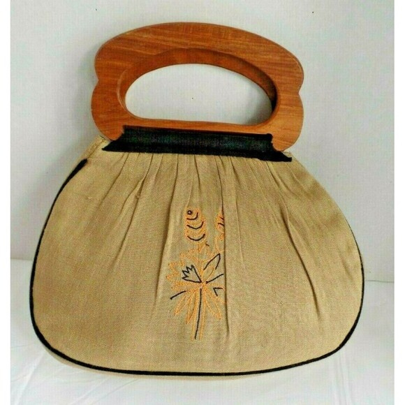 Fabindia Purse Vintage 80s Tan Fabric Embroidered Floral Wooden Handles - Picture 1 of 5